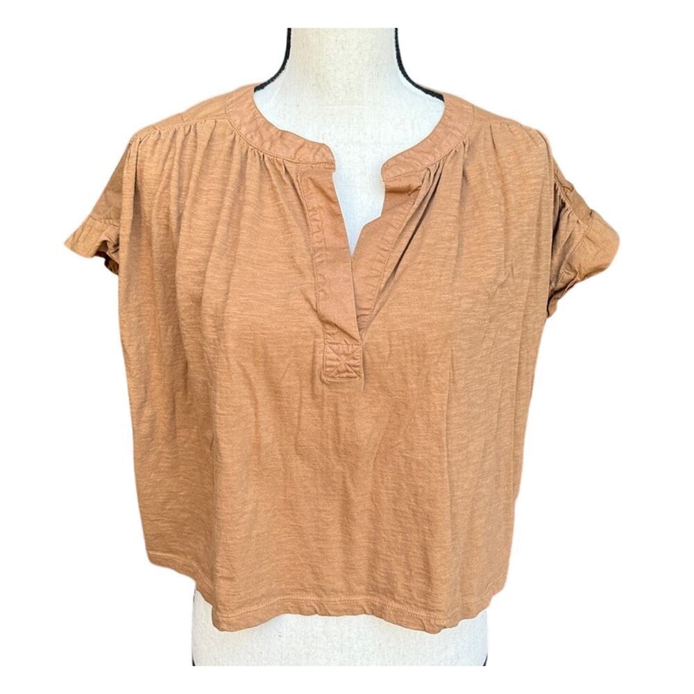 LOFT Classic Caramel Split Neck Mixed Media Top Women's Size XS Short Sleeve